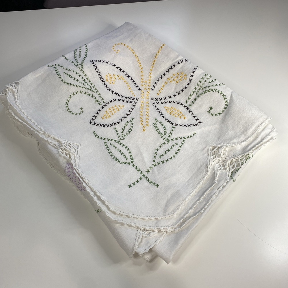 Antique White Embroidered Butterfly Purple Tulips Rectangular Tablecloth Linen